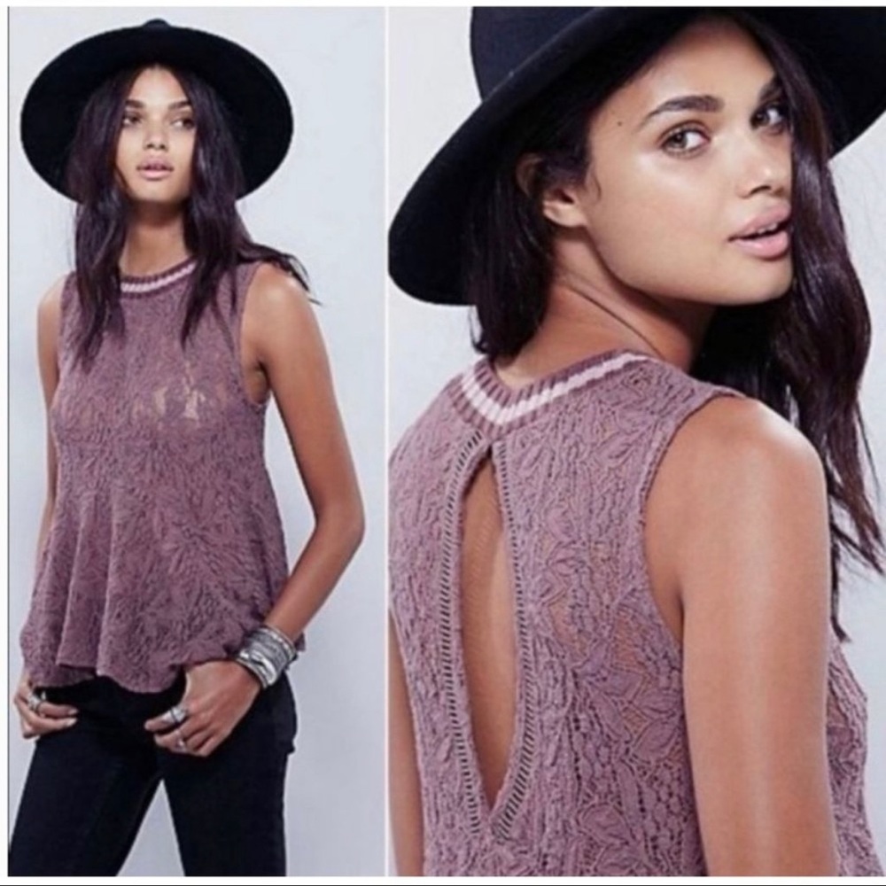 Free People Maisie Sheer Lace Peplum Sleeveless Blouse Size X Small Keyhole Back